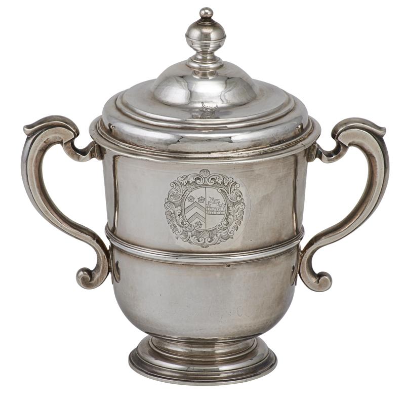 Appraisal: QUEEN ANNE BRITANNIA SILVER COVERED CUP Double scroll handles and