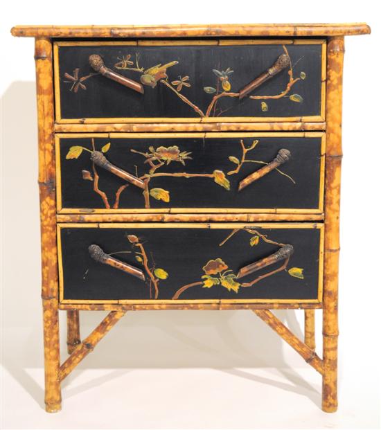 Appraisal: Oriental style bamboo motif black painted three drawer chest with