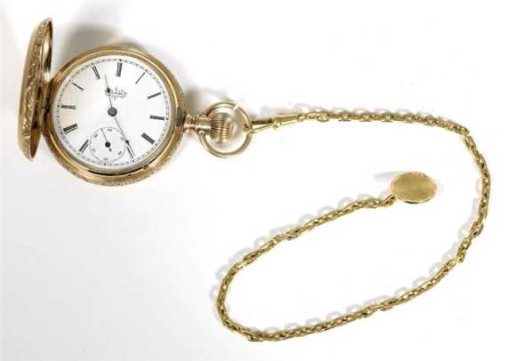 Appraisal: SAVONNETTE POCKET-WATCH ELGIN ca Pink gold Guilloche-decorated and volute-engraved case