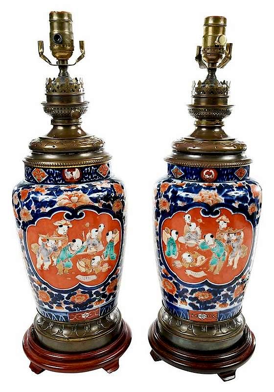 Appraisal: Pair of Imari Vases Mounted as Lamps probably Chinese decorated