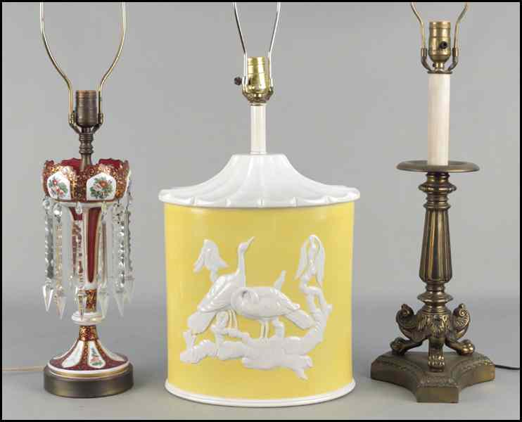 Appraisal: THREE TABLE LAMPS Comprised of one candle pricket form lamp