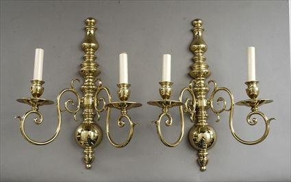 Appraisal: Four th Century-Style Brass Two-Light Wall Sconces x in