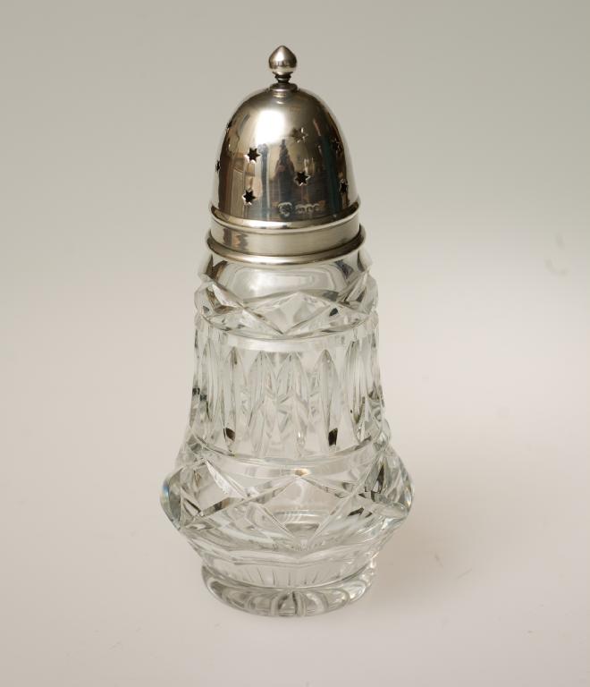 Appraisal: SILVER-TOPPED CUT-GLASS SUGAR CASTER LONDON of characteristic form the domed