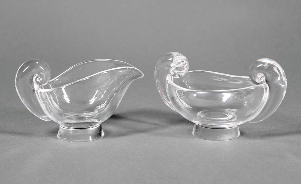 Appraisal: Steuben Glass Snail-Scroll Sugar Bowl and Cream Pitcher etched marks