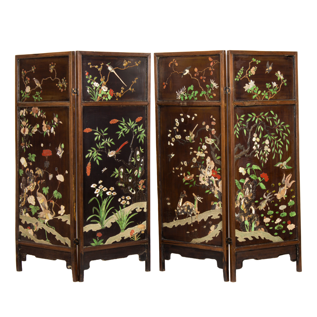 Appraisal: CHINESE FOUR-PANEL INLAY-DECORATED HARDWOOD FOLDING SCREEN Chinese four-panel inlay-decorated hardwood