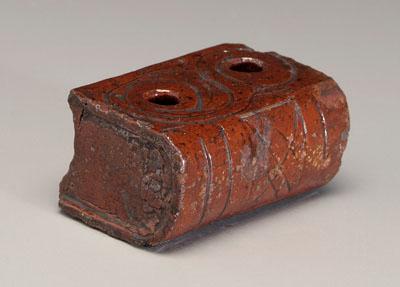 Appraisal: Redware inkwell shaped as book two pen receivers incised quot