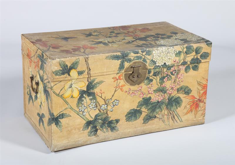 Appraisal: CHINESE EXPORT PAINTED PIG SKIN-COVERED TRUNK Painted with peonies and