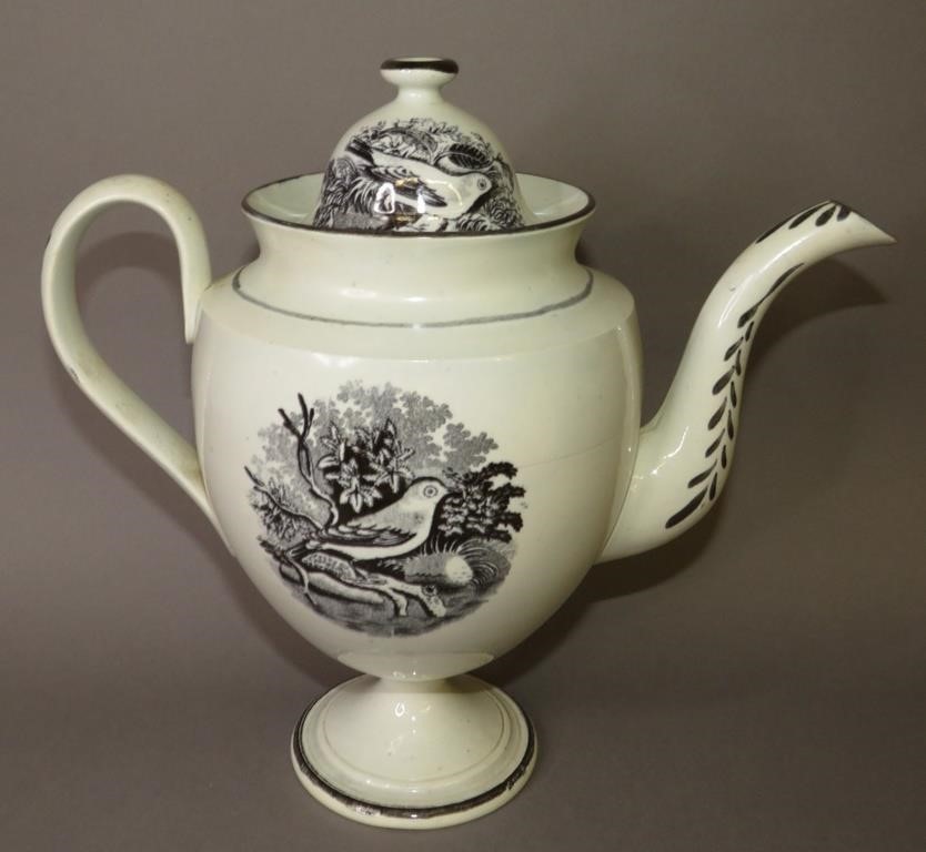 Appraisal: PEARLWARE BLACK TRANSFER COFFEE POTca footed urn form coffee pot