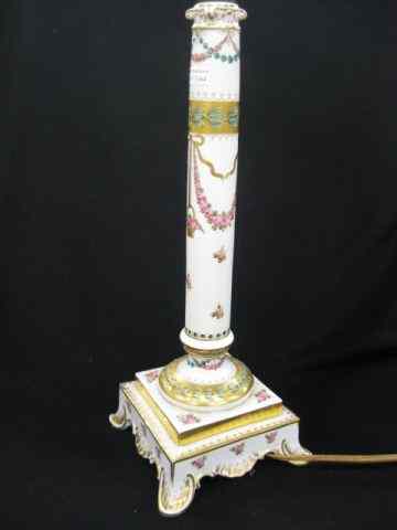 Appraisal: Dresden Porcelain Candlestick Lamp handpainted floral garland basket gold trim