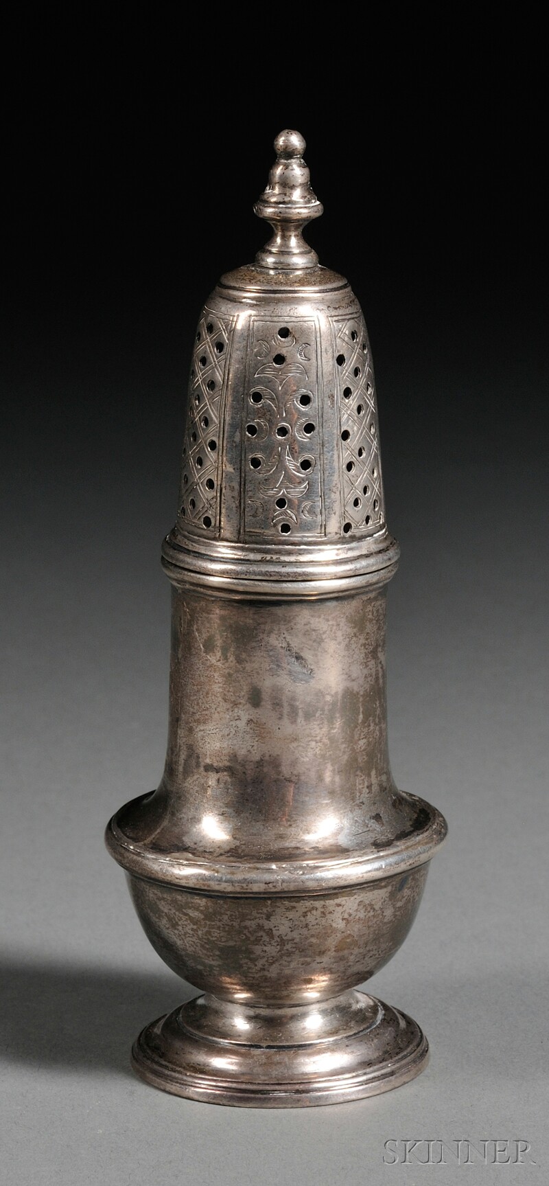 Appraisal: Silver Caster possibly Boston c bell-shaped finial on pierced high-domed