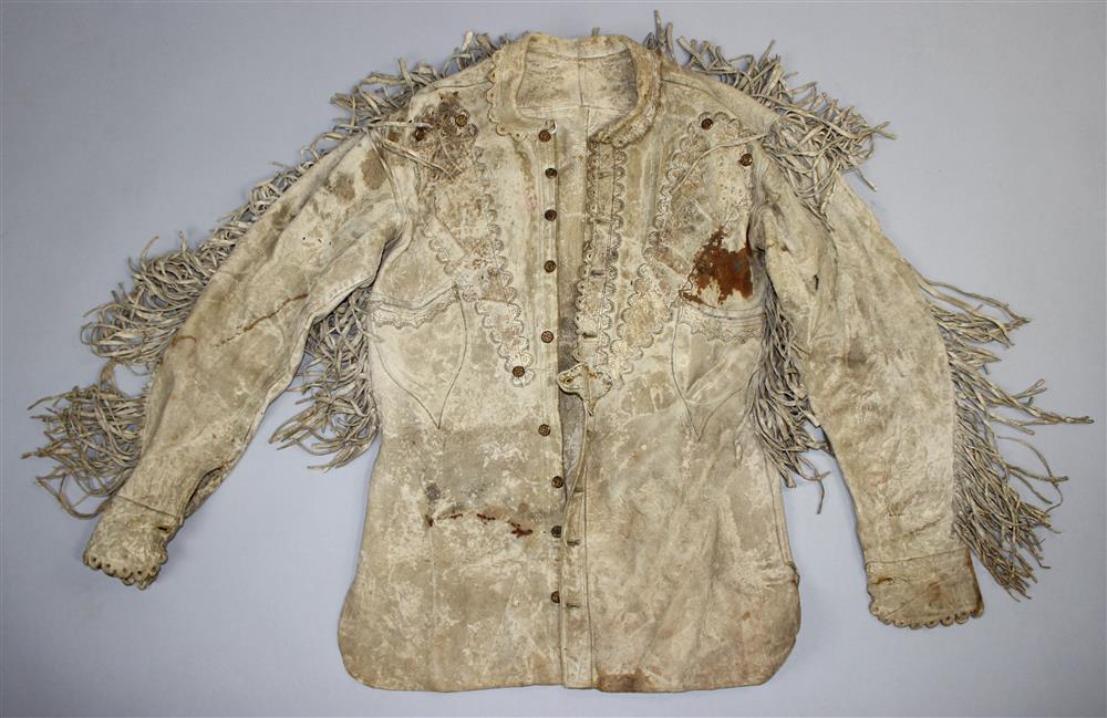 Appraisal: FRINGED APPLIQUED AND PIERCE DECORATED HIDE SCOUTS JACKET European cut