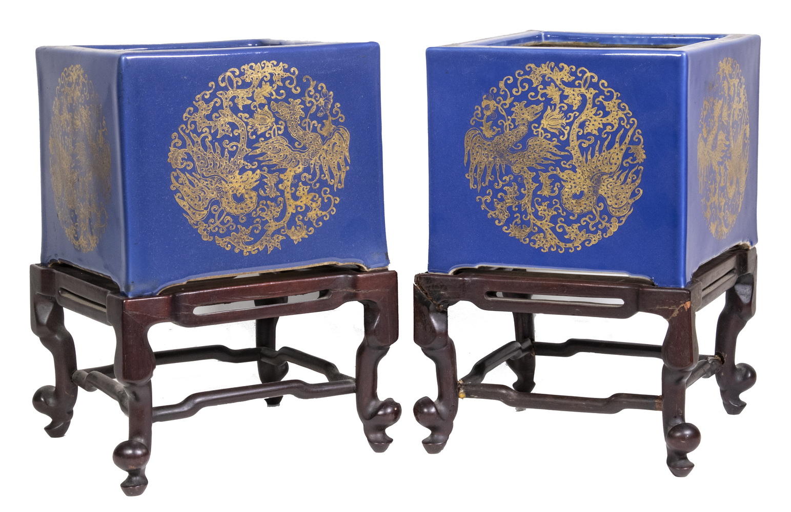 Appraisal: PR CHINESE PORCELAIN JARDINIERES WITH STANDS Pair of Blue Glazed