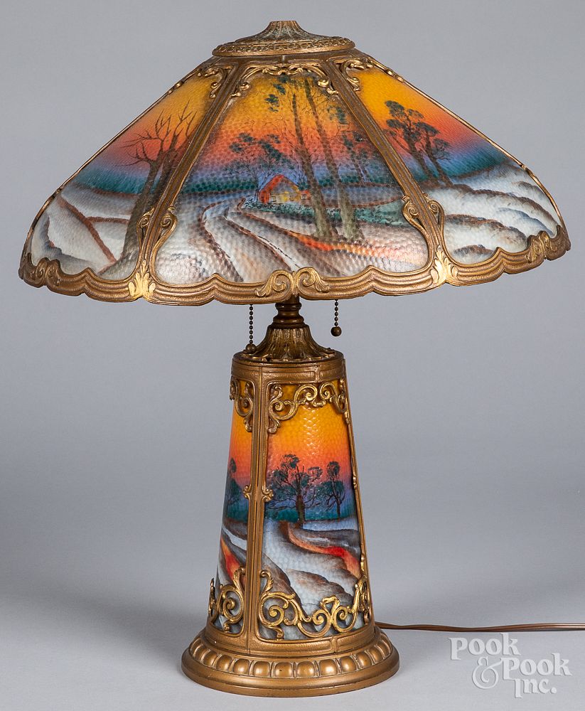 Appraisal: Reverse painted gilt metal table lamp Reverse painted gilt metal