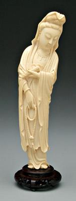 Appraisal: Chinese ivory carving of Guanyin leaning gracefully prayer beads in