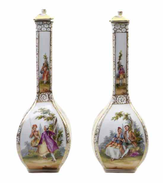 Appraisal: A Pair of Dresden Porcelain Lidded Bottle Vases having squared