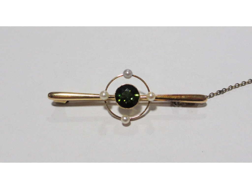 Appraisal: Nine carat gold green tourmaline and seed pearl set bar