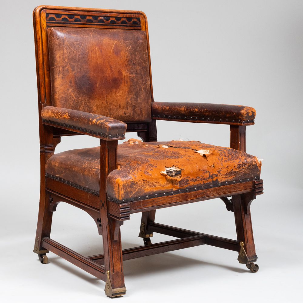 Appraisal: English Reform Gothic Oak and Leather Armchair by Bruce Talbert