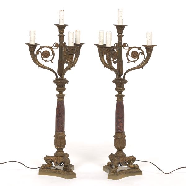 Appraisal: PAIR OF ELECTRIFIED CANDELABRA x Bronze and marble candelabra four