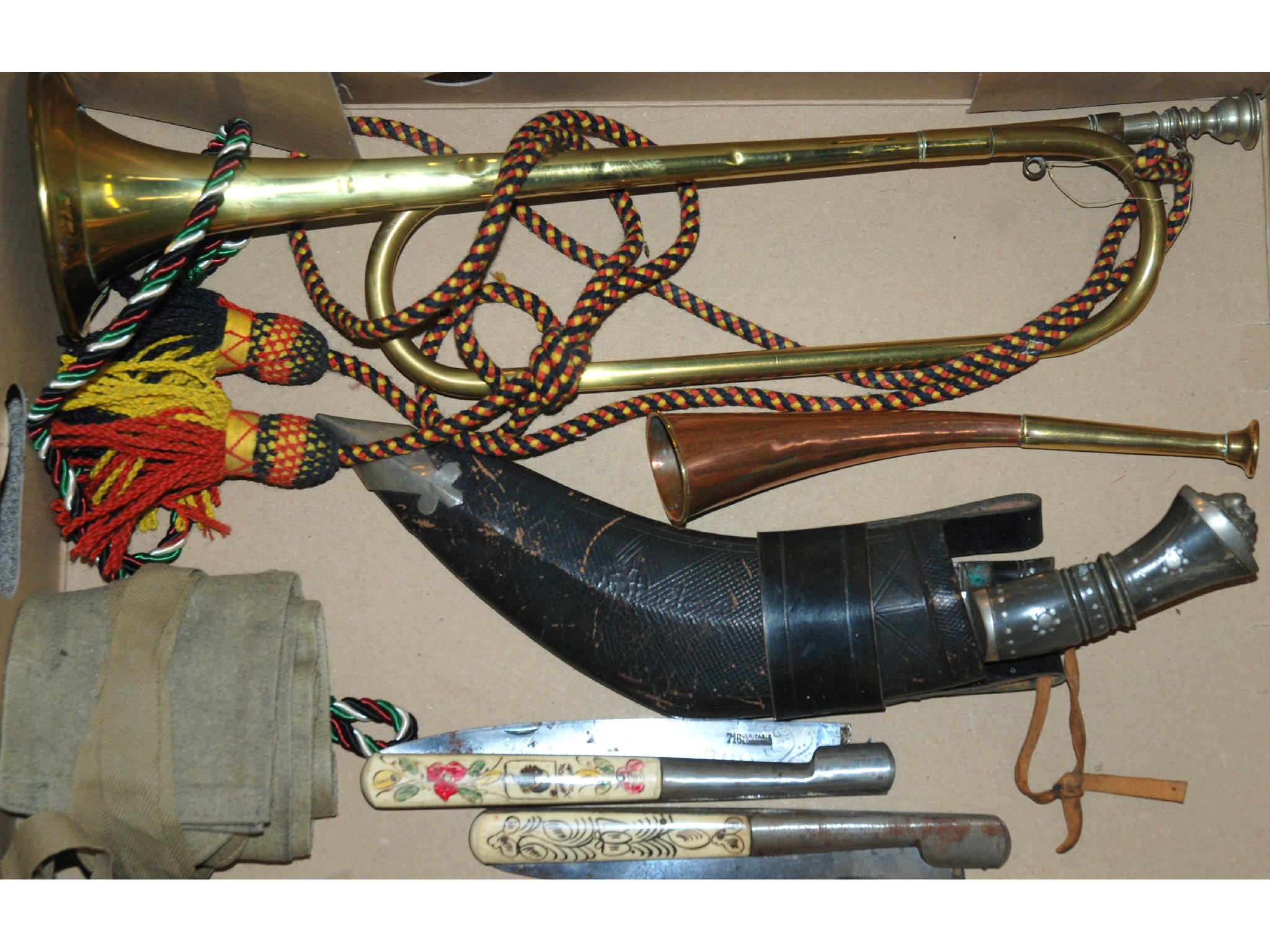 Appraisal: A collection including military brass bugle brass and copper horn