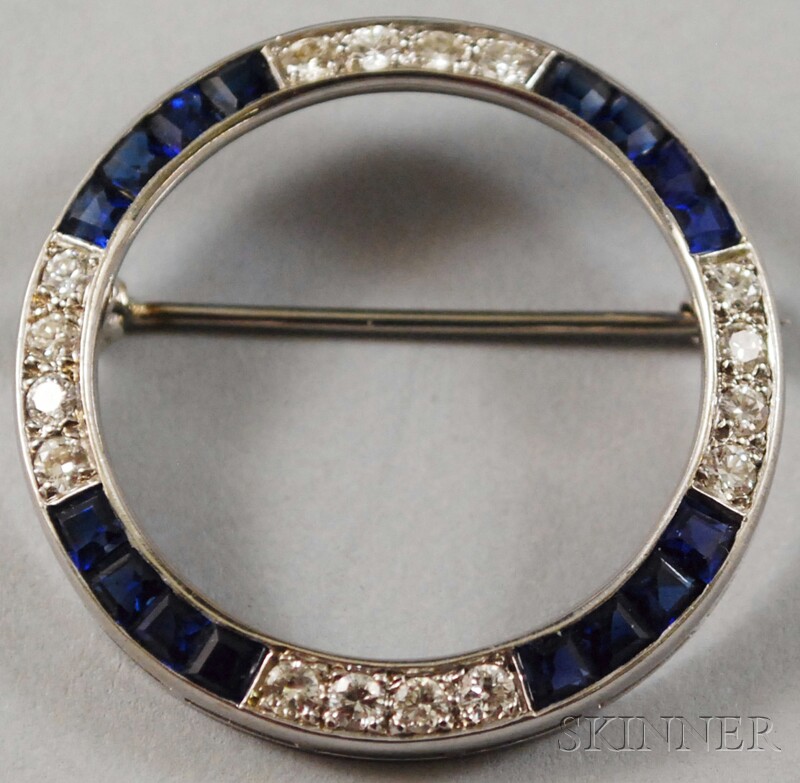 Appraisal: kt White Gold Synthetic Sapphire and Diamond Circle Brooch set