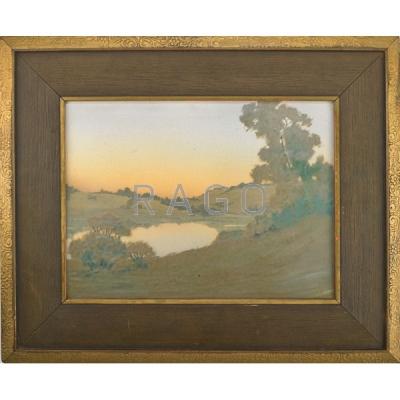 Appraisal: SARA SAX ROOKWOOD Scenic Vellum plaque w pond Condition Report