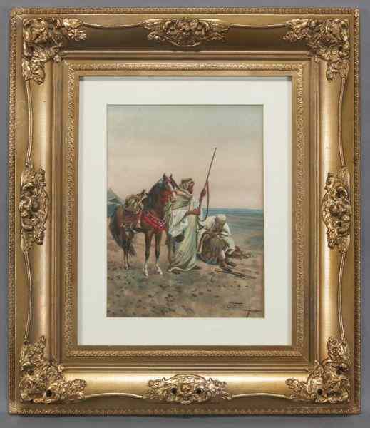 Appraisal: Giulio Rosati Orientalist watercolor depicting twohorsemen in the desert one