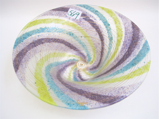 Appraisal: HIGGINS ART GLASS BOWL with pinwheel pastel purple aqua blue