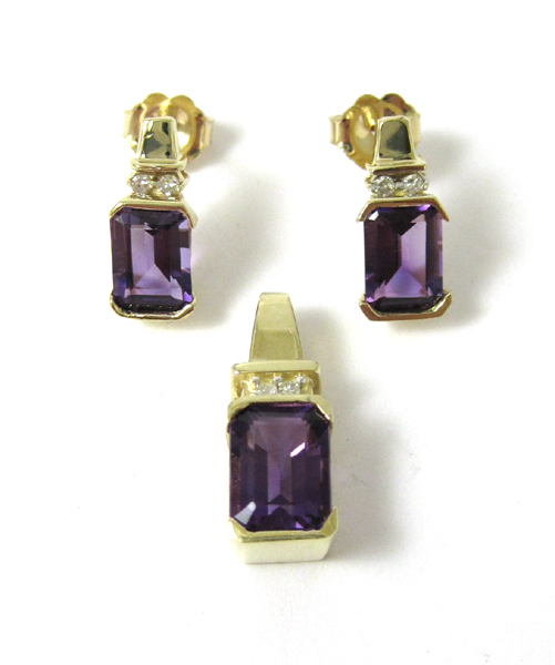 Appraisal: AMETHYST AND DIAMOND PENDANT AND EARRINGS SET The k yellow