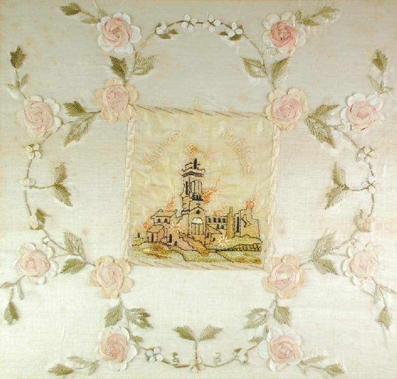 Appraisal: TWO WORLD WAR I SILK EMBROIDERED PICTURES DEPICTING BURNING CHURCHES