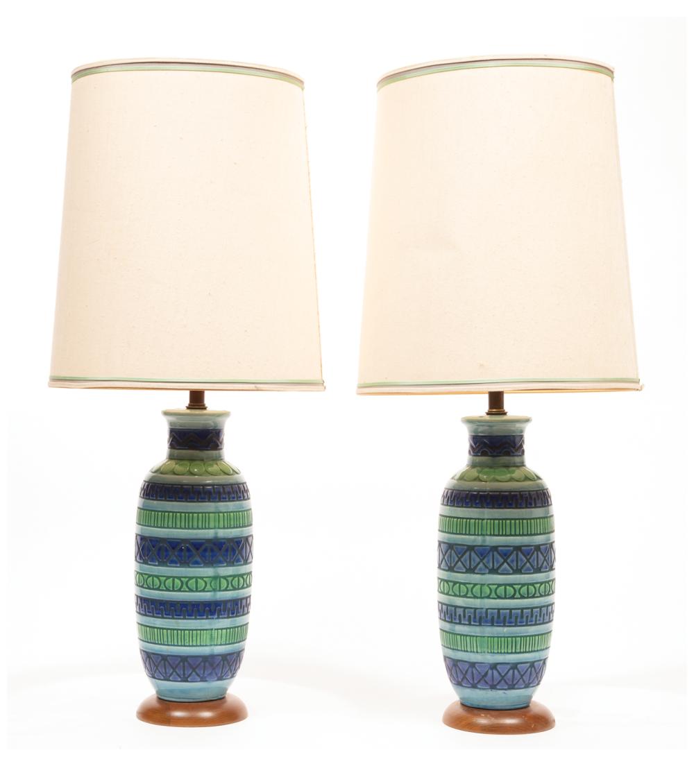 Appraisal: Pair of Mid-Century Modern Glazed Pottery Lamps vasiform with incised