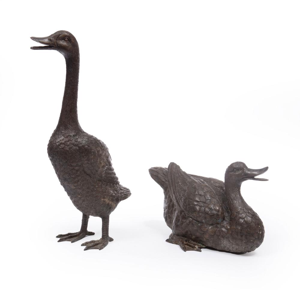 Appraisal: Pair of Patinated Bronze Garden Figures of Ducks taller h