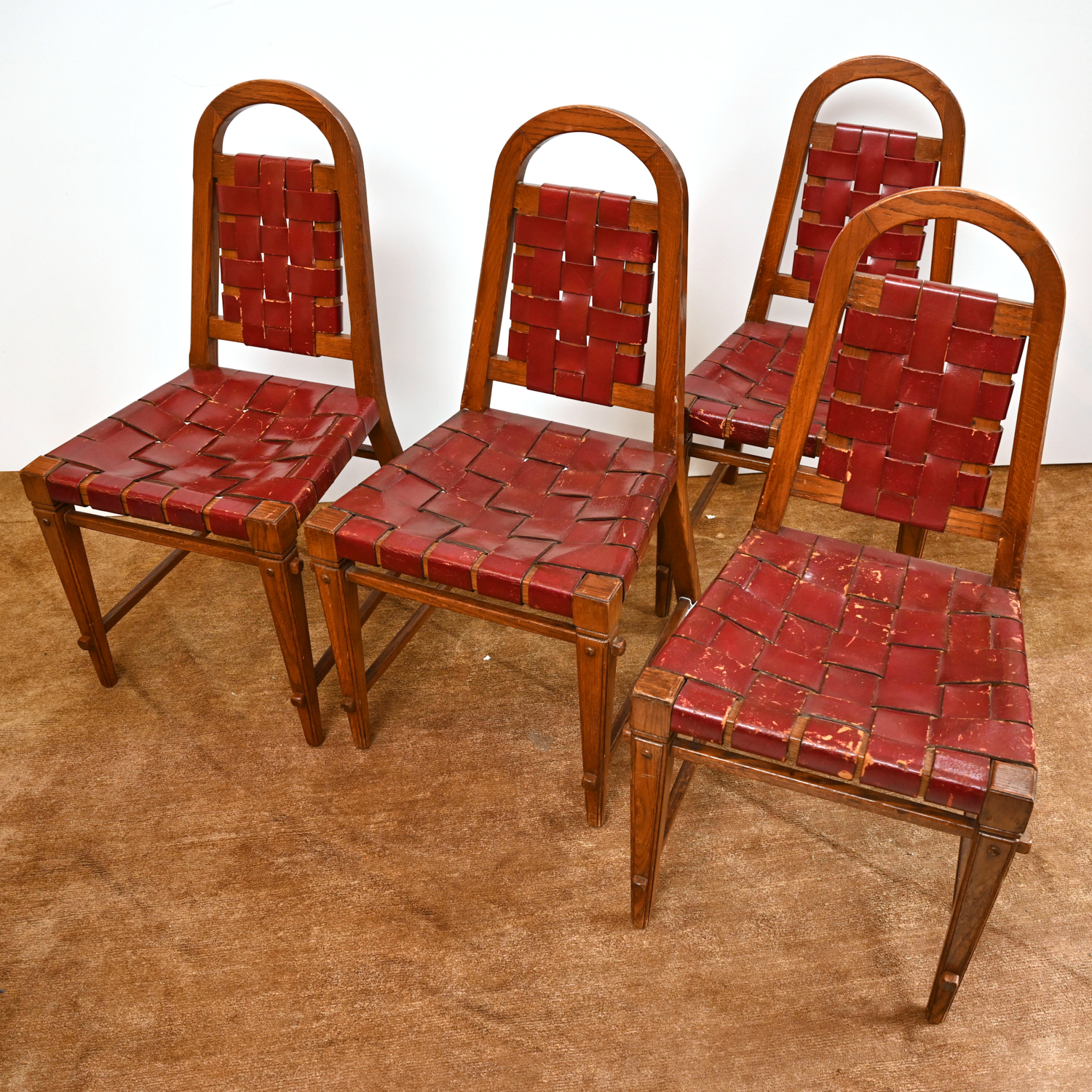 Appraisal: SET ARTS CRAFTS LEATHER OAK CHAIRS Mid th c oak