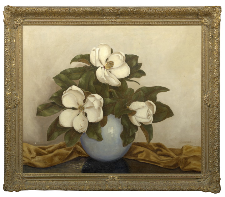 Appraisal: American School th Century Still Life with Magnolias in Blue