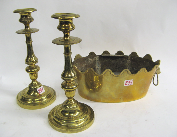 Appraisal: GROUP OF BRASS DECORATIVE ACCESSORIES heavy brass oval planter scalloped