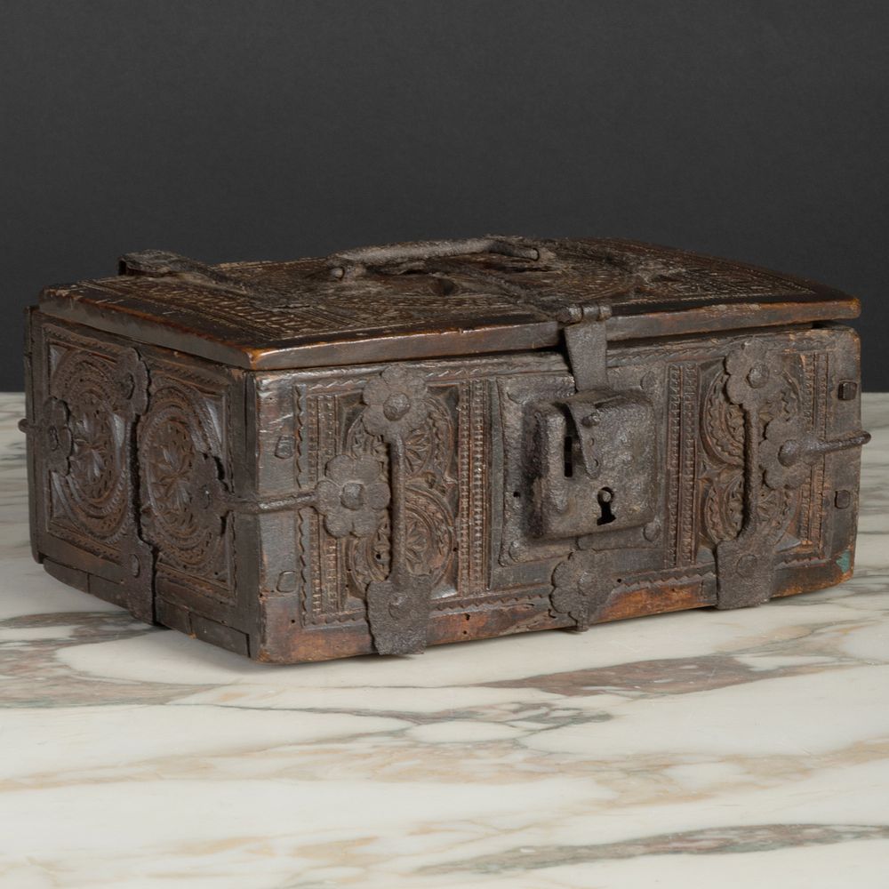 Appraisal: Italian Iron-Mounted Chip-Carved Walnut Strongbox x x in European Works