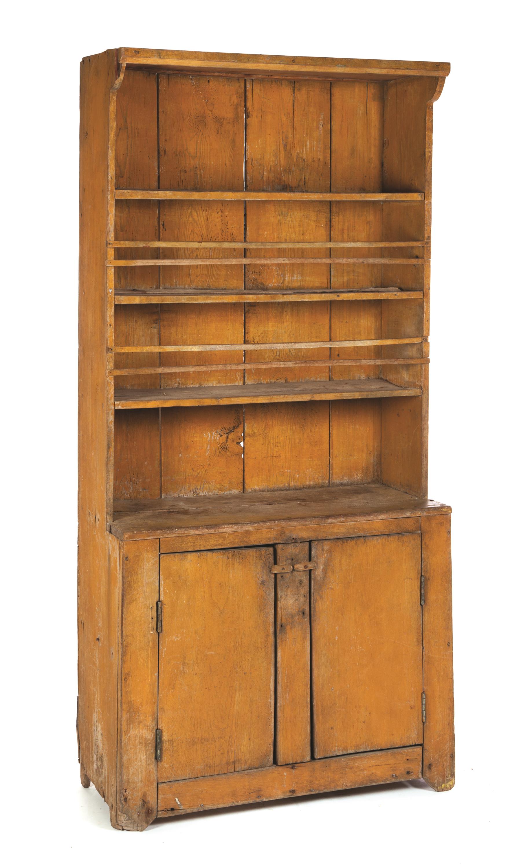 Appraisal: PRIMITIVE COUNTRY ONE-PIECE PAINTED OPEN STEPBACK CUPBOARD American nd half-