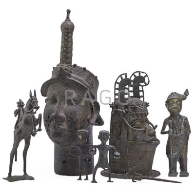 Appraisal: AFRICAN BRONZE SCULPTURES Seven include three Benin th c Tallest