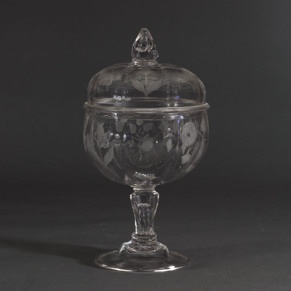 Appraisal: Jacobite Engraved Glass Large Covered Goblet mid- th century cm