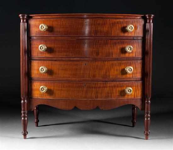 Appraisal: Federal mahogany and tiger maple bow-front chest of drawers Massachusetts