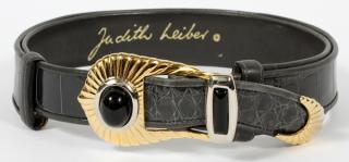 Appraisal: JUDITH LEIBER GREY ALLIGATOR BELT W JEWELED BUCKLE JUDITH LEIBER