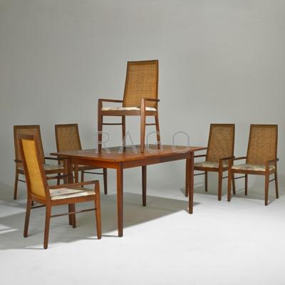 Appraisal: AMERICAN Dining table and six armchairs Walnut caning and upholstery