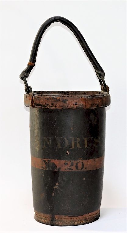 Appraisal: C American S Andrus Leather Painted Fire Bucket United States