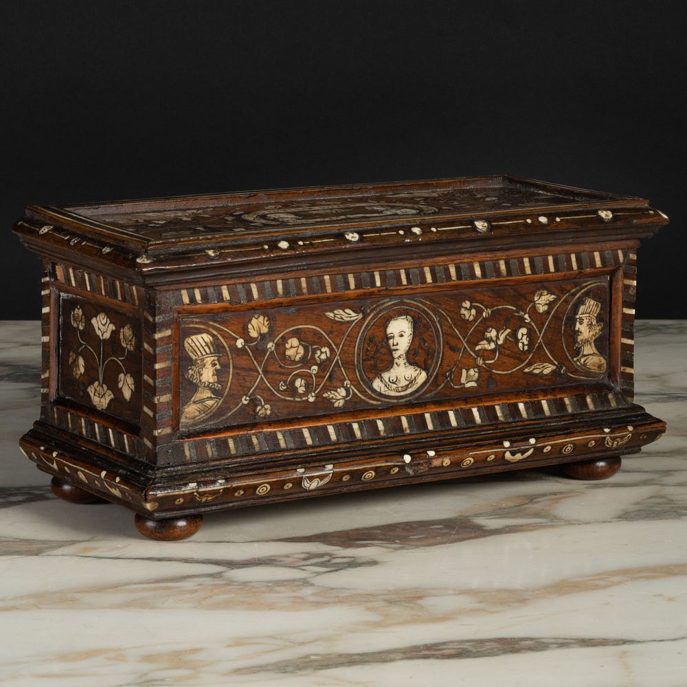 Appraisal: Italian Bone-Inlaid Walnut Box The lid with two figures shaking