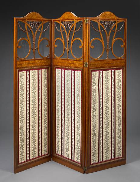 Appraisal: A George III style inlaid satinwood three fold floor screen