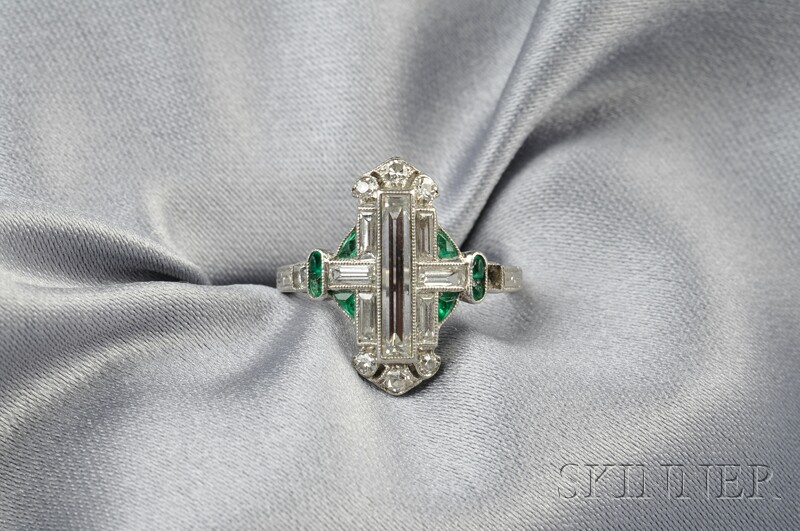 Appraisal: Art Deco Platinum Emerald and Diamond Ring set with fancy-cut