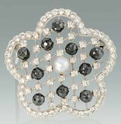 Appraisal: A Platinum Pearl White and Black Diamond Brooch A flowerhead