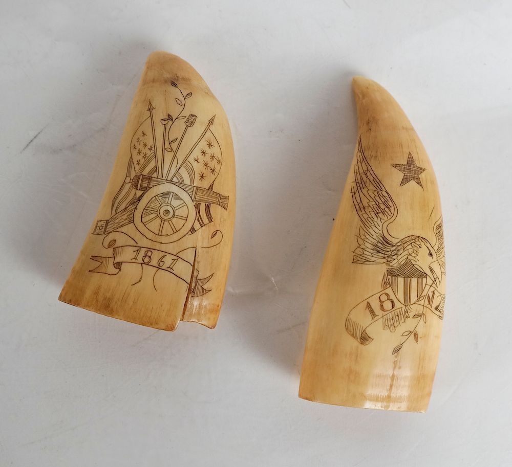 Appraisal: Two Scrimshaw Tooth Carvings Dated Tooth dated depicting waving flags