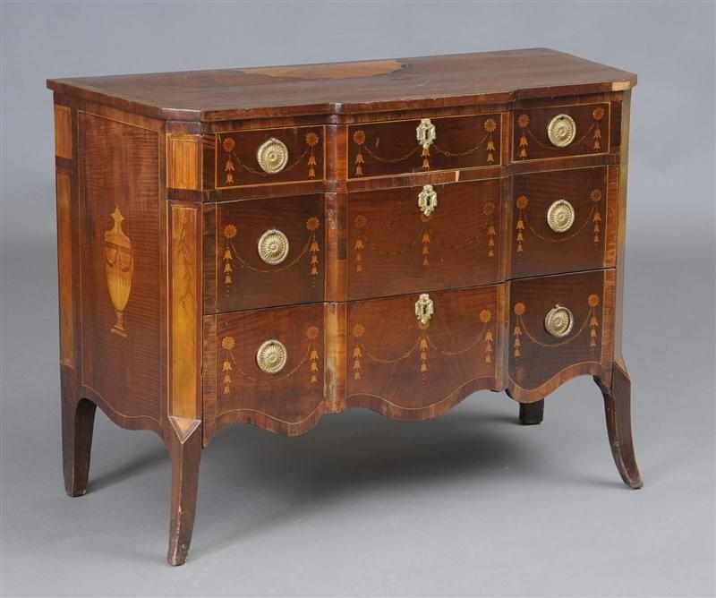 Appraisal: FINE GEORGE III MARQUETRY INLAID HARDWOOD COMMODE The breakfront cross-banded