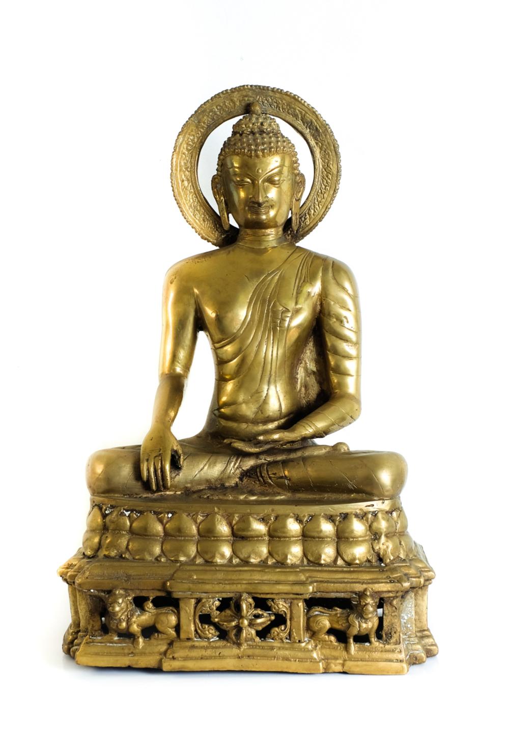 Appraisal: GILT METAL KASHMIR SEATED BUDDHA SCULPTUREGilt metal Kashmir sculpture depicting