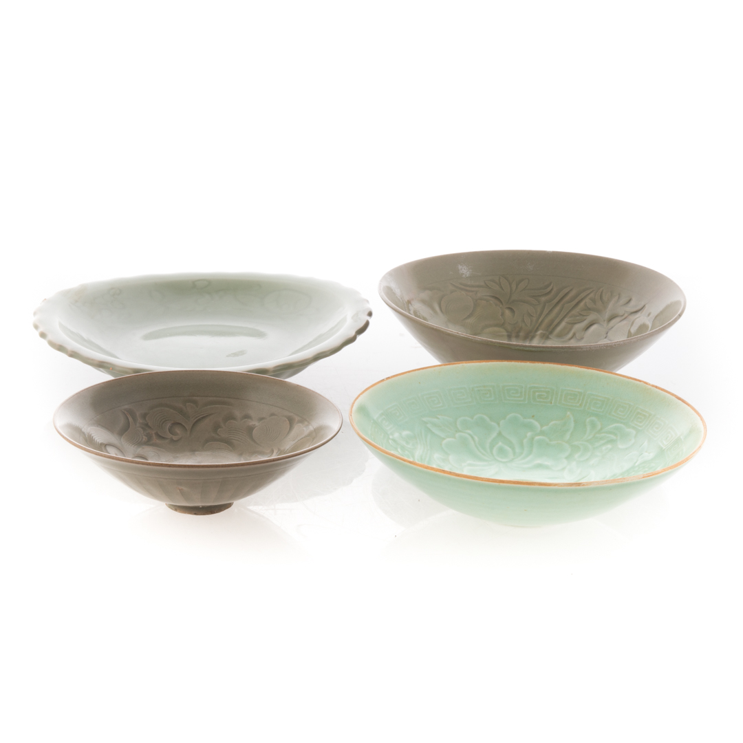 Appraisal: Four Chinese celadon bowls in the Archaic manner all with